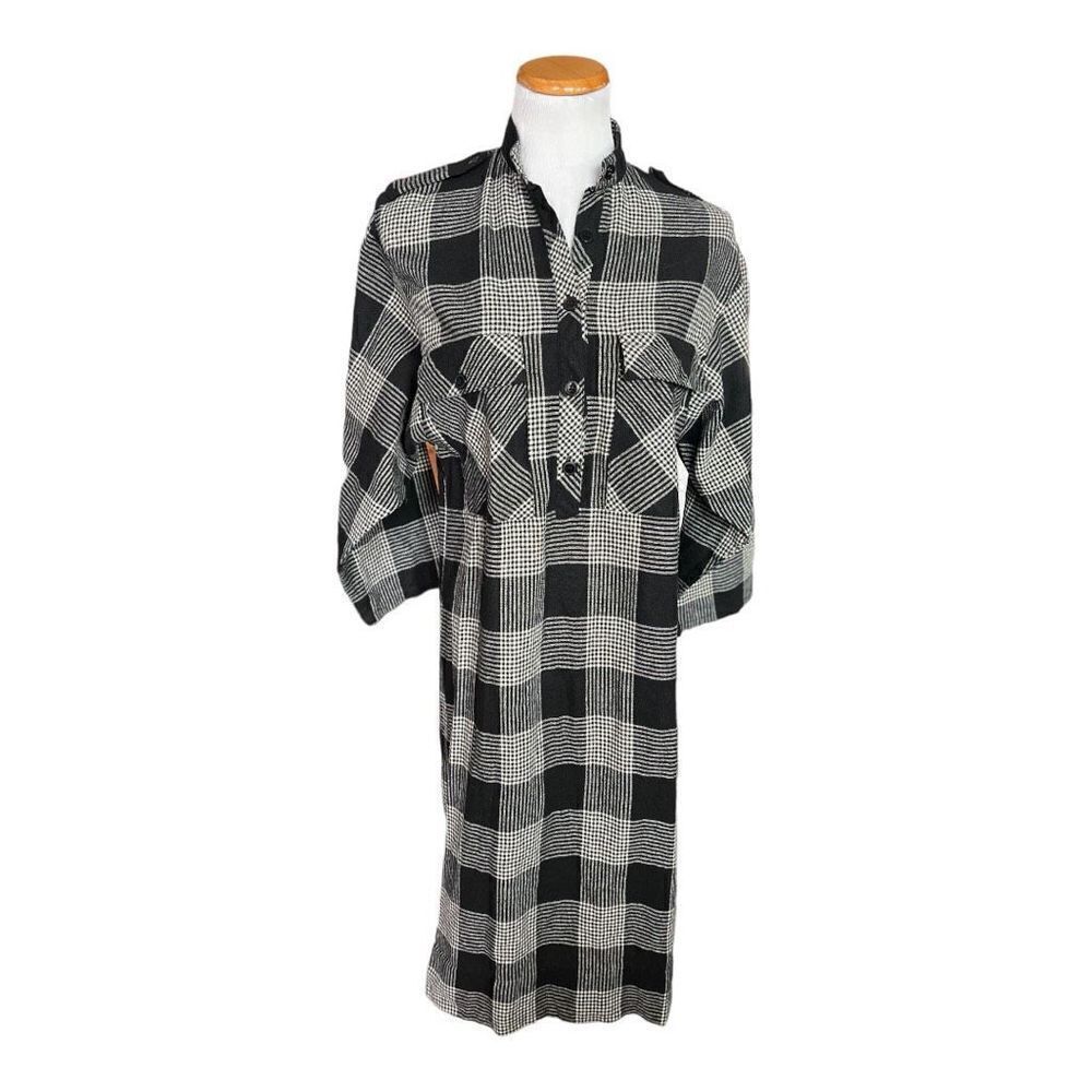 Womens Vintage Finity Black Plaid Retro Chic Wool Blend Long Shirt Dress - Sz S